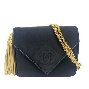 CHANEL Satin Chain Shoulder Bag Gold Fringe Black